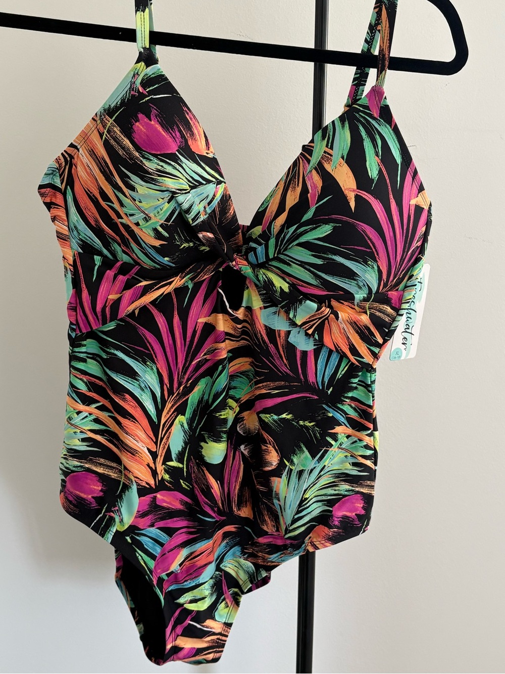 FreshwaterTropical Brushstroke One-Piece Swimsuit - Black with Multicolor Leaves